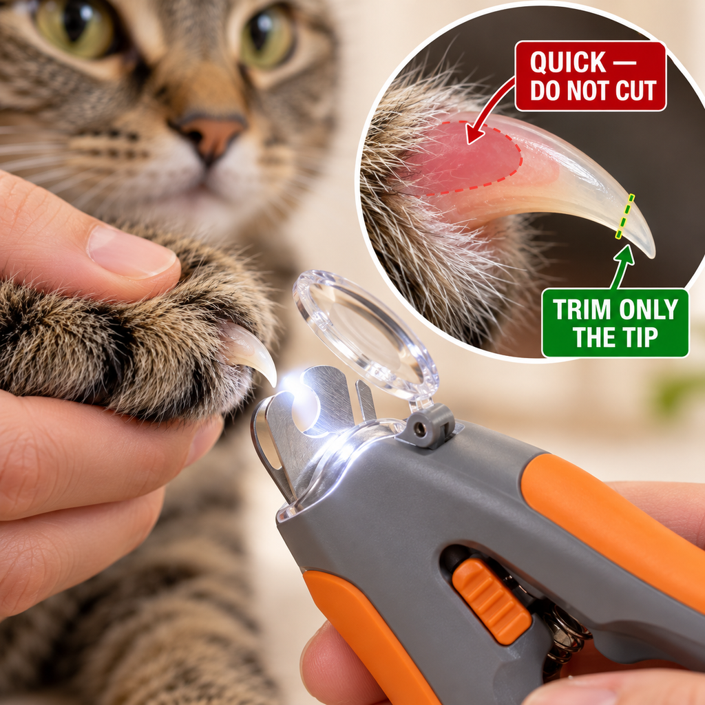 Pale cat claw diagram showing the pink quick in red and a safe small cut at the clear tip