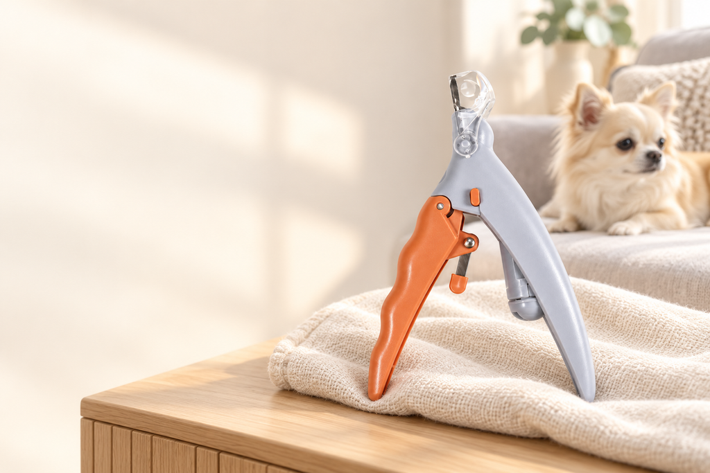 Grey and orange pet nail clipper on a towel in a calm home setting